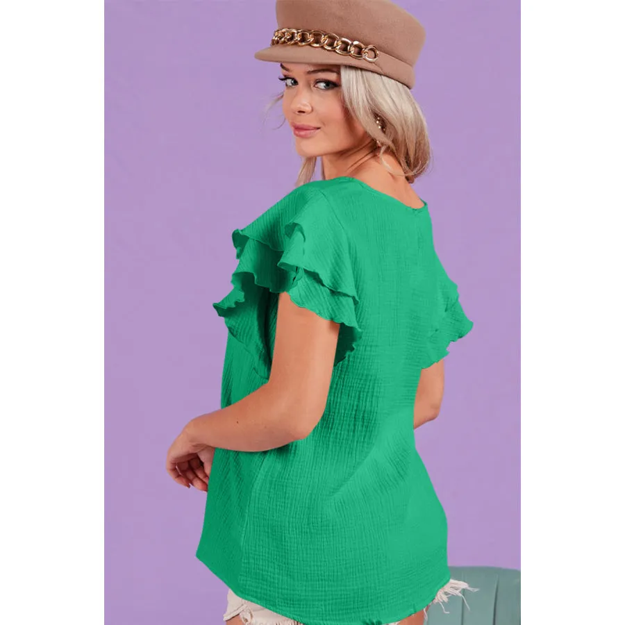 BiBi Ruffle Sleeve Wrinkled Cotton Gauze Top