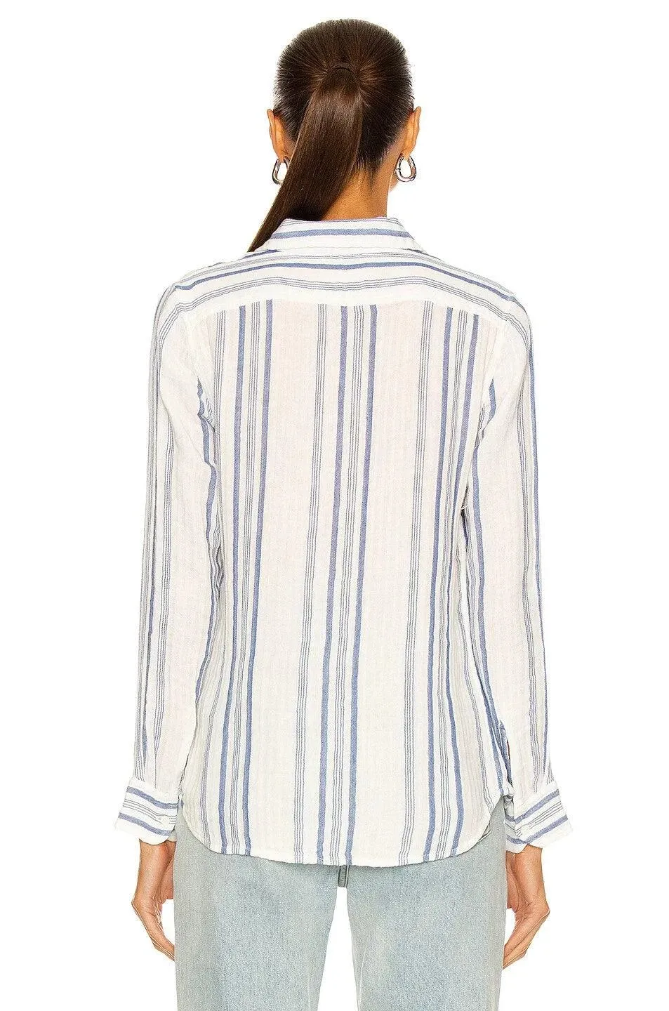 Blue Striped Boho Ruffle Trim Long Volumed Sleeve Babydoll Top