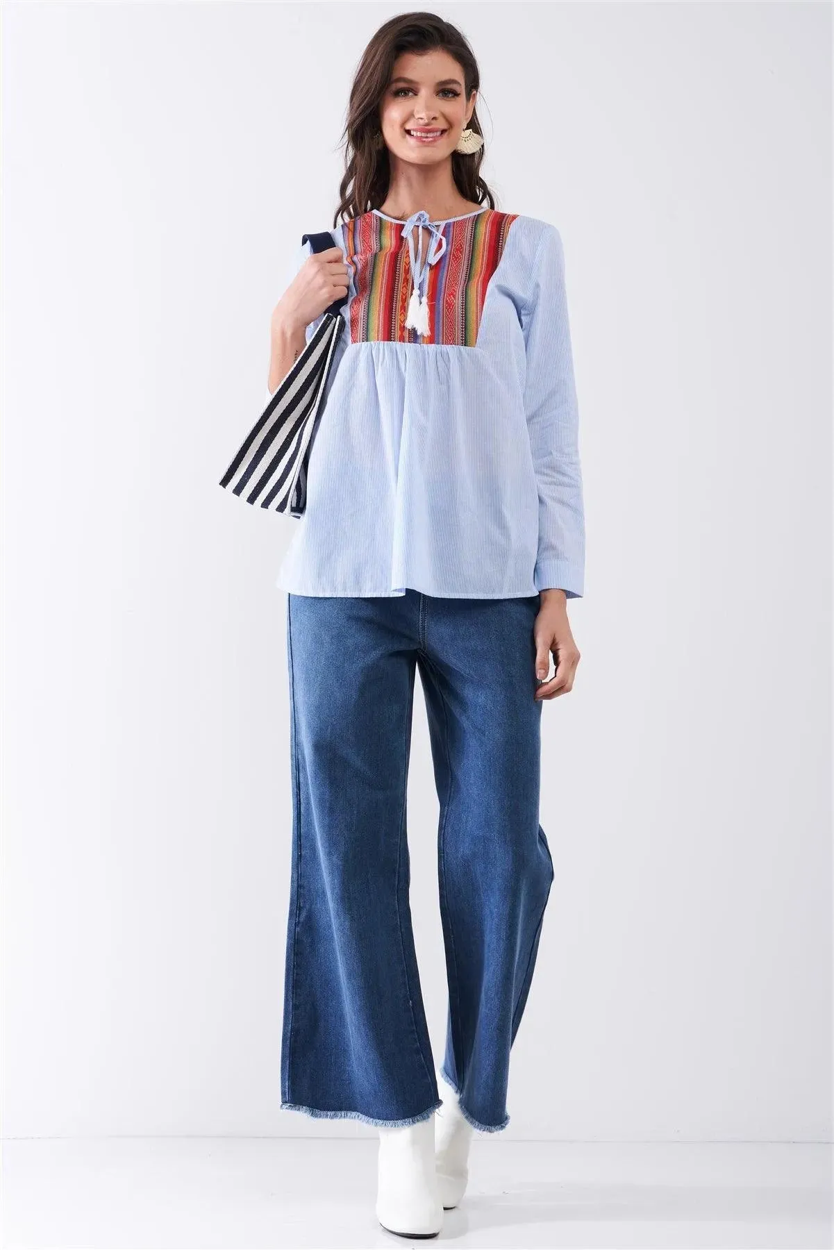 Blue Striped Multicolor Embroidery Front Trim Self-Tie Round Neck Long Sleeve Shirt /1-2-2-1