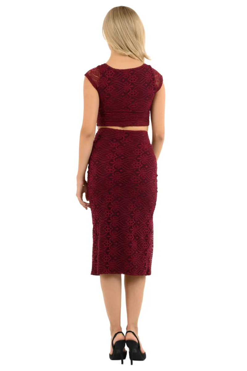 Burgundy Floral Lace Tango Skirt With Gatherings