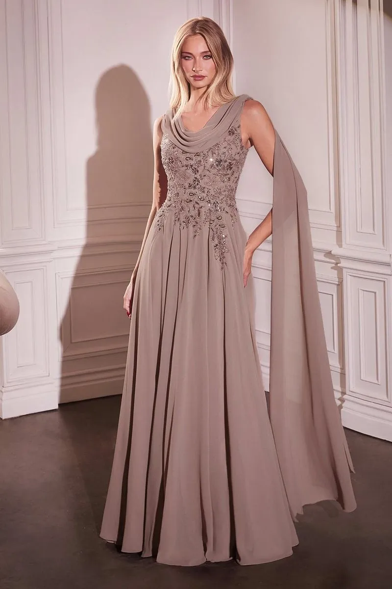 Chiffon A-Line Gown & Long Cape Sleeves