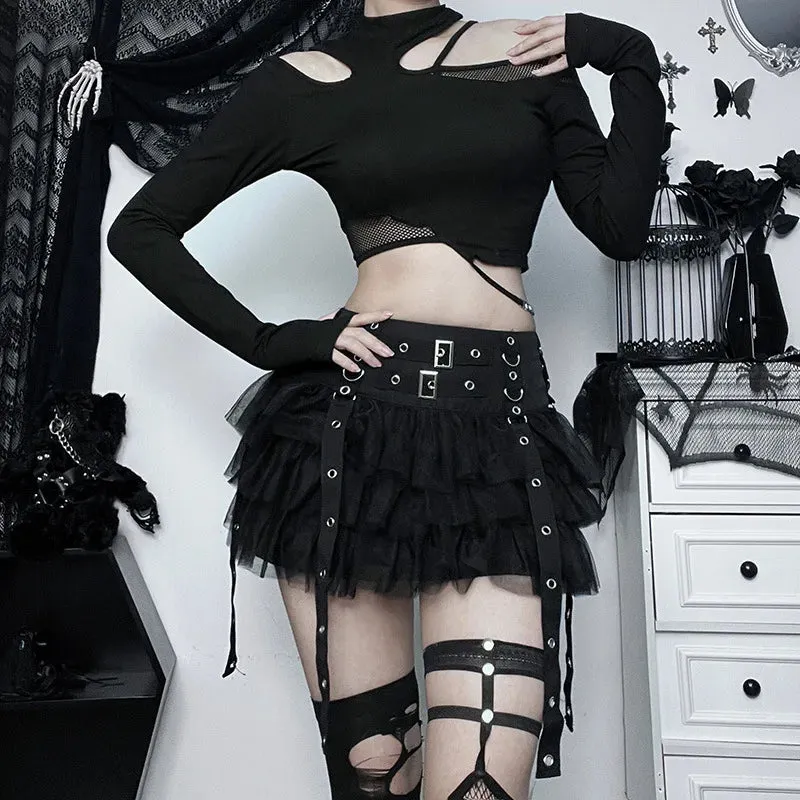 'Dark Fairytale' Black Ruffle Buckle Goth Mini Skirt