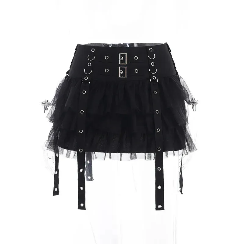 'Dark Fairytale' Black Ruffle Buckle Goth Mini Skirt