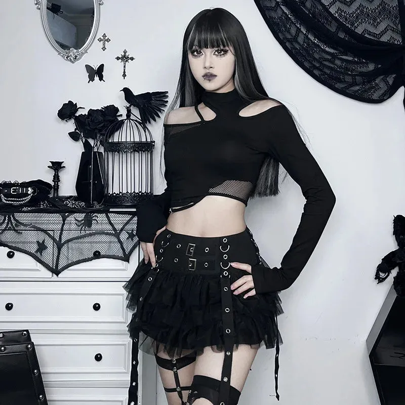 'Dark Fairytale' Black Ruffle Buckle Goth Mini Skirt