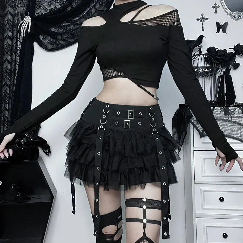 'Dark Fairytale' Black Ruffle Buckle Goth Mini Skirt