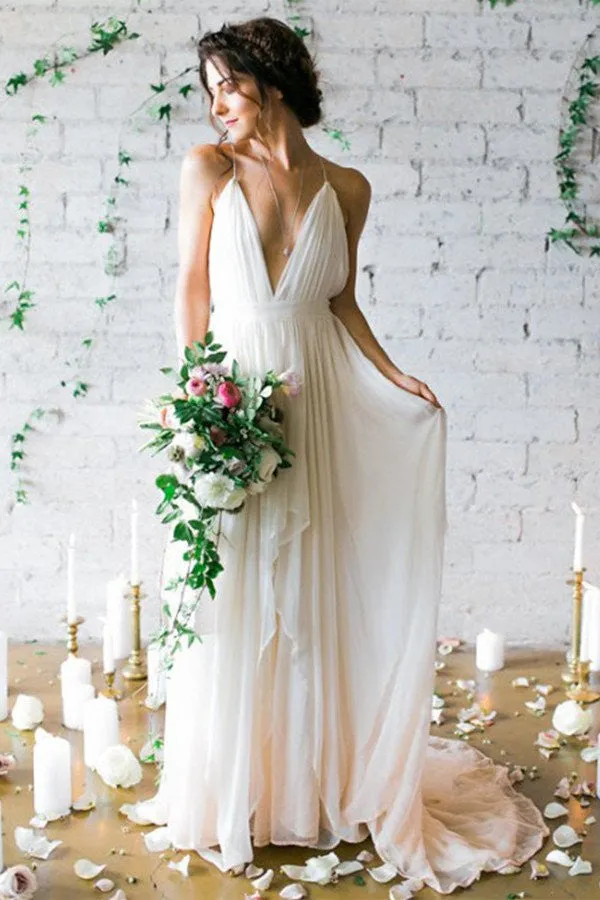 Deep V neck Spaghetti Strap Chiffon Beach Backless Wedding Dress