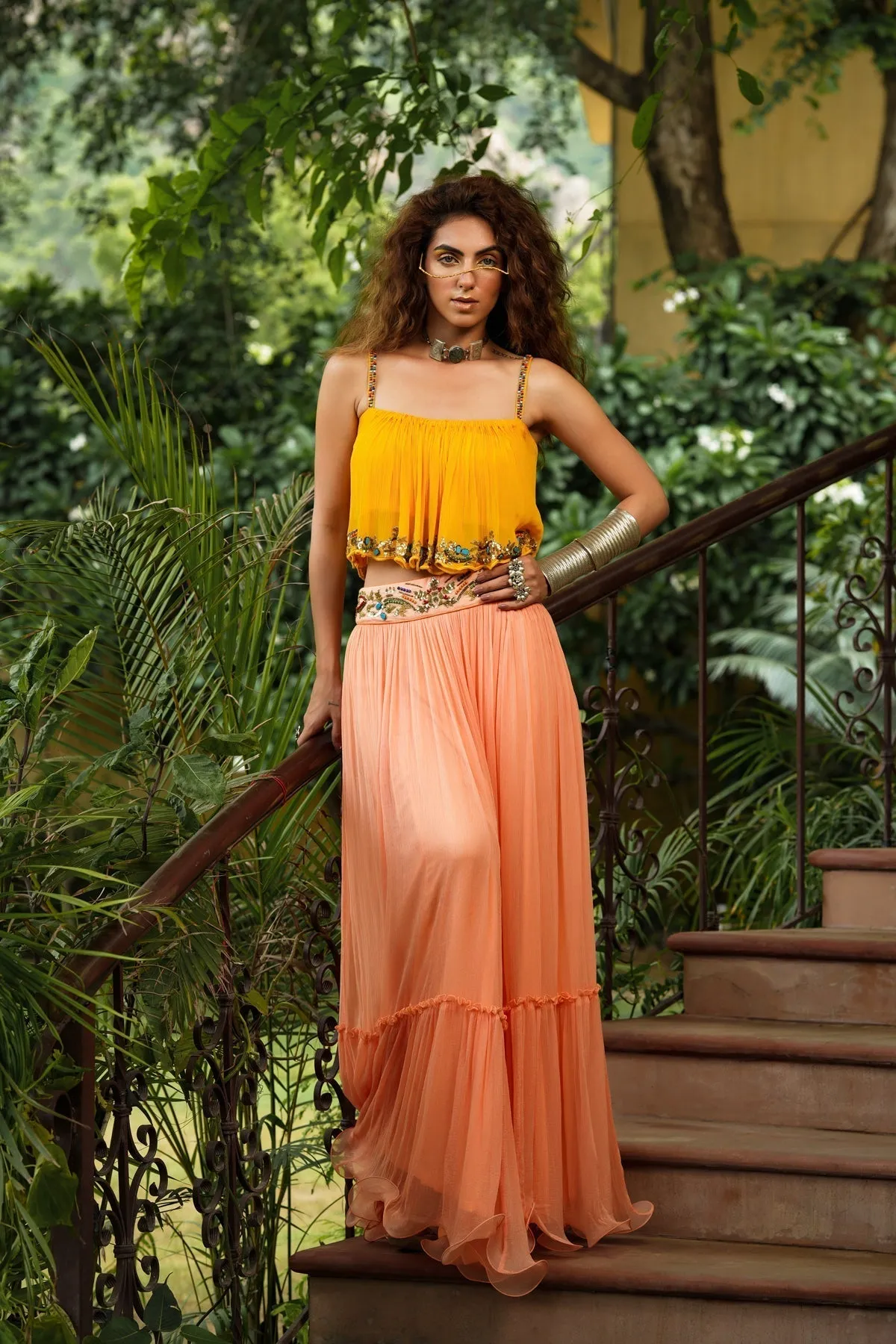 Dilruba marigold boho top with peach skirt