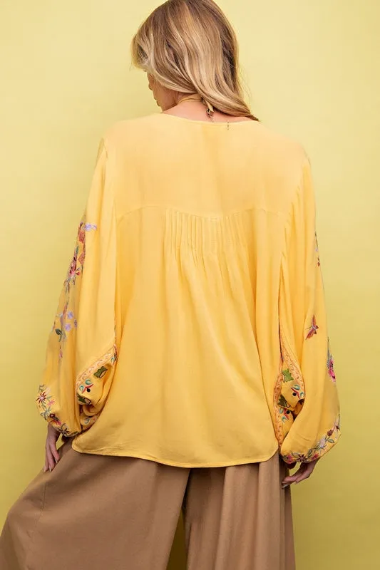 Easel Embroidered Boho Blouse - Straw Yellow
