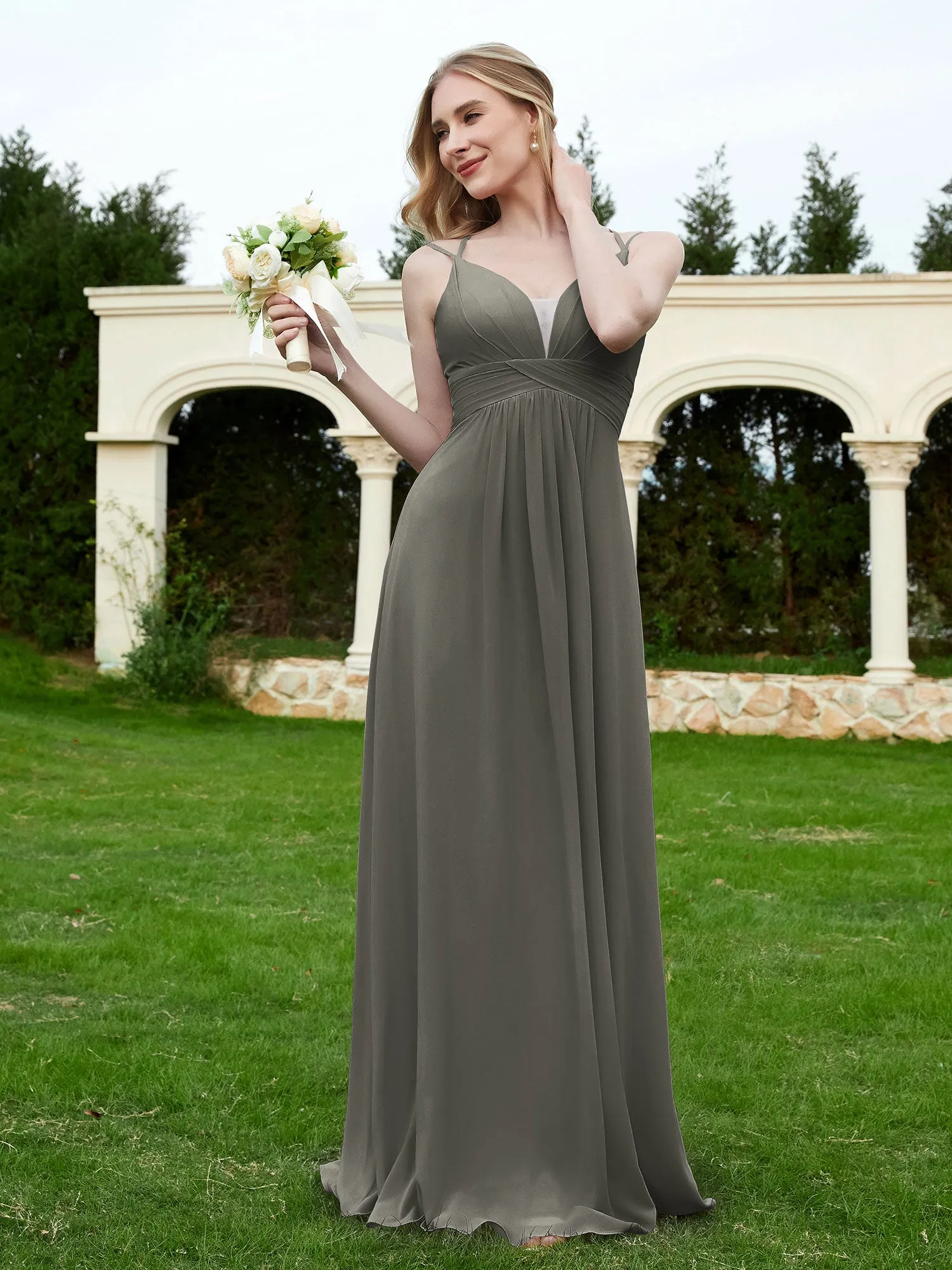 Floor Length V Neck Chiffon Bridesmaid Gown Steel Grey Plus Size