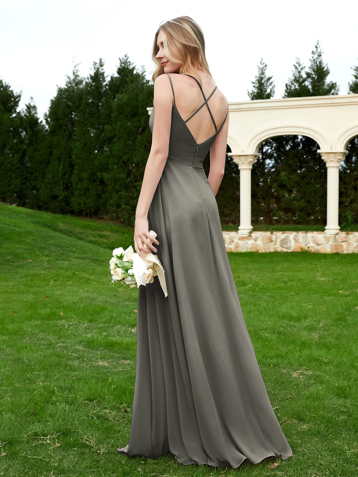 Floor Length V Neck Chiffon Bridesmaid Gown Steel Grey Plus Size
