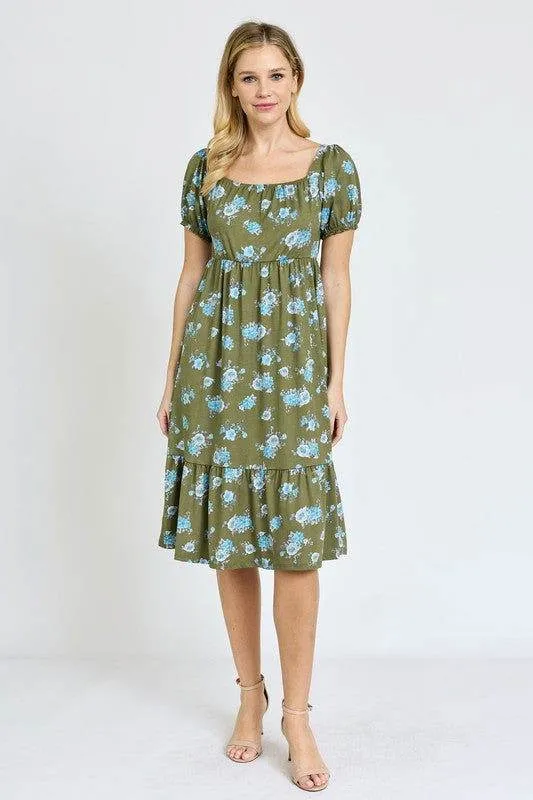 Floral Square Neck Puff Sleeve Boho Dress