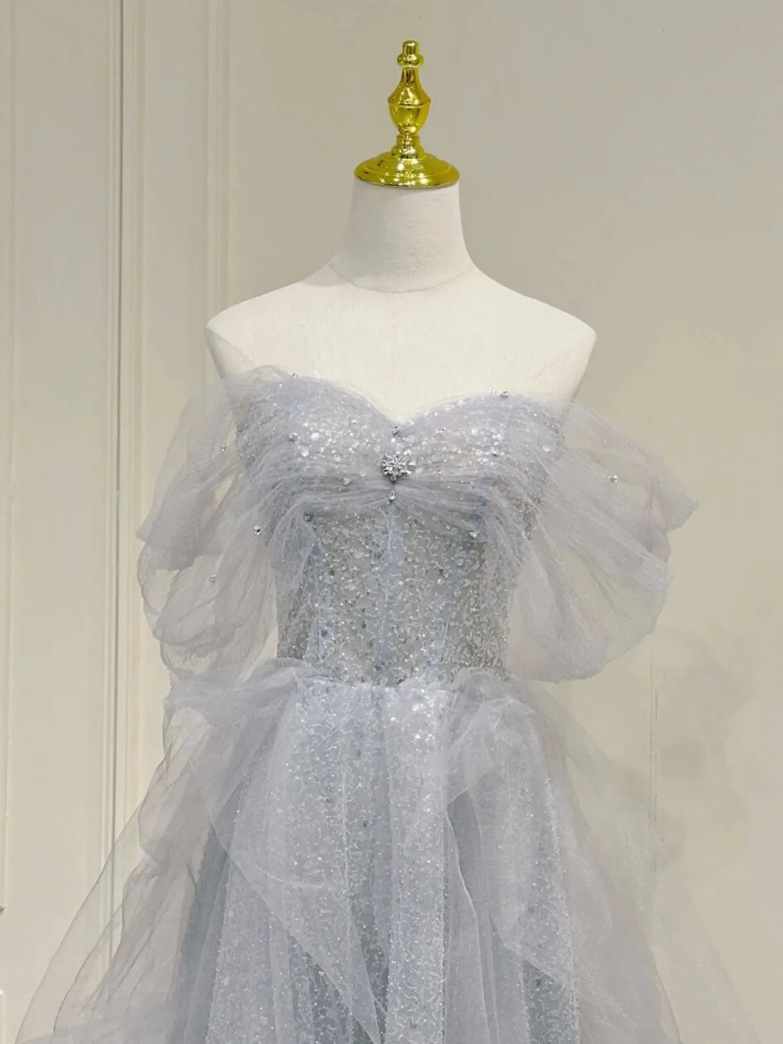 Flowy Light Grey Strapless Maxi Boho Prom Dress