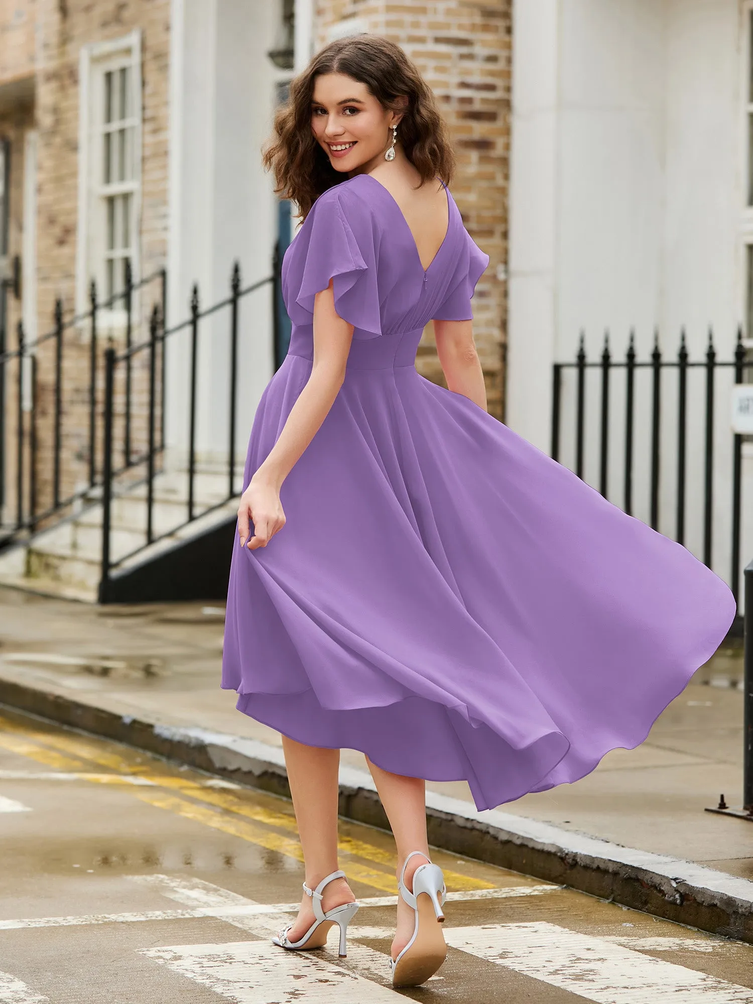 Flutter Sleeves Jewel Neckline Chiffon Dress Tahiti