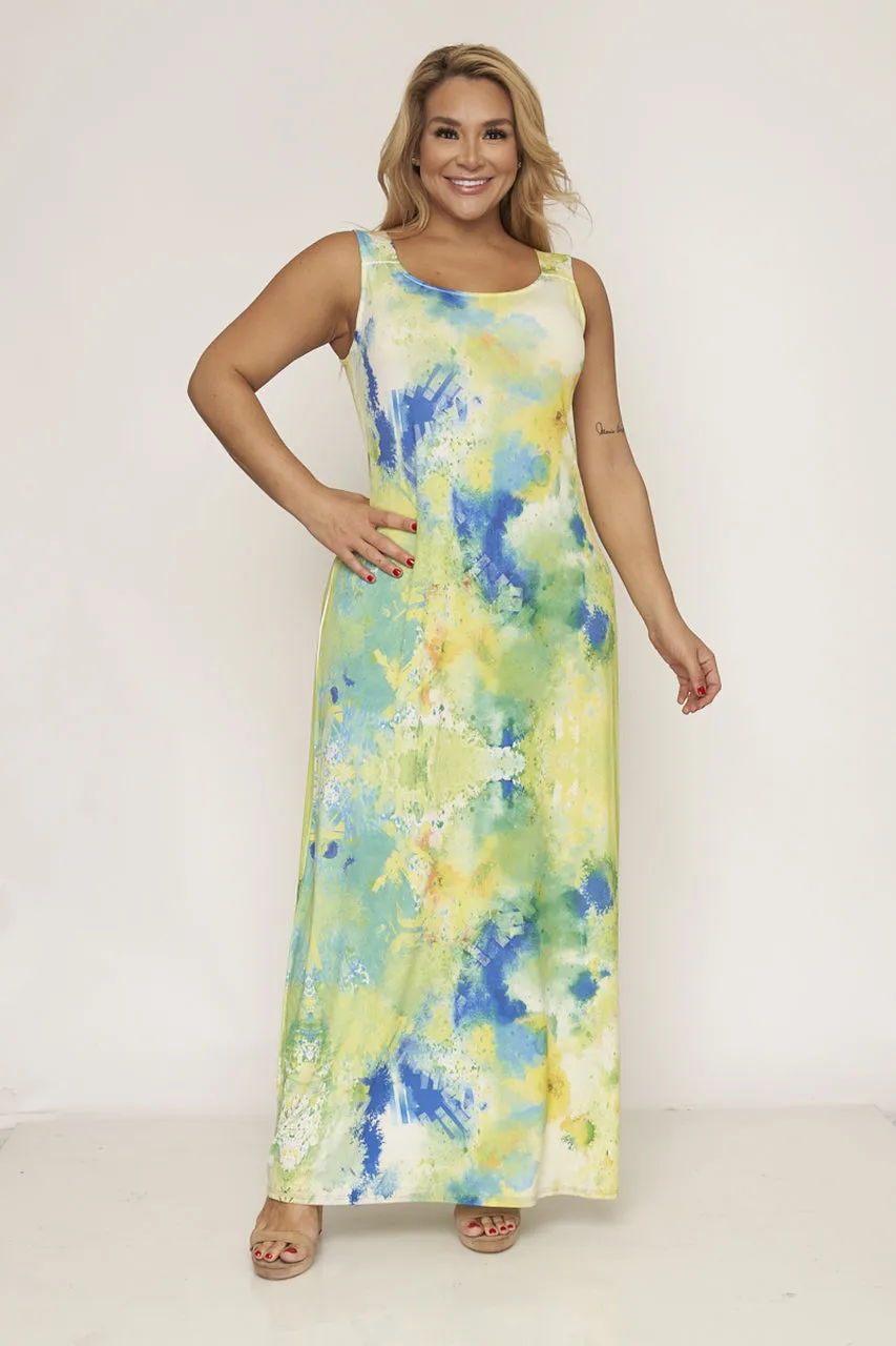 Green and Yellow Tie Dye Plus Size Maxi Dress