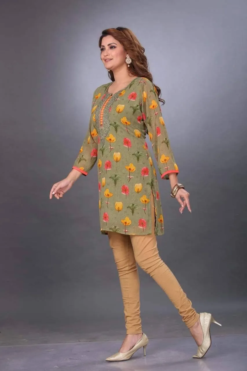 Green Chiffon Flower Print Kurti with Hand Embroidery