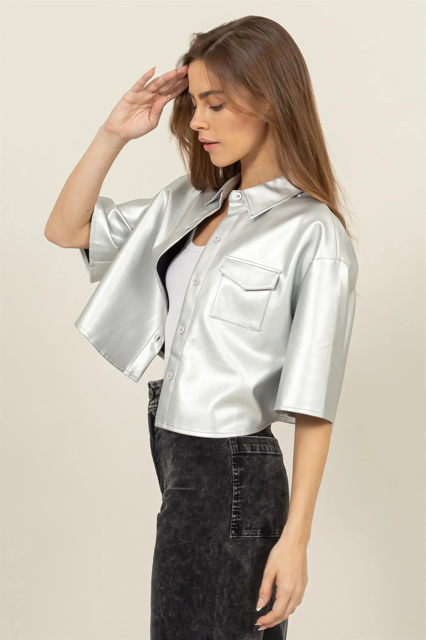 HF24F102-FAUX LEATHER BUTTON-DOWN CROPPED SHIRT