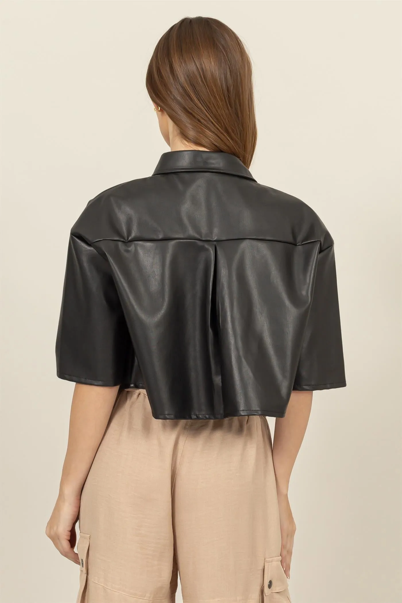 HF24F102-FAUX LEATHER BUTTON-DOWN CROPPED SHIRT