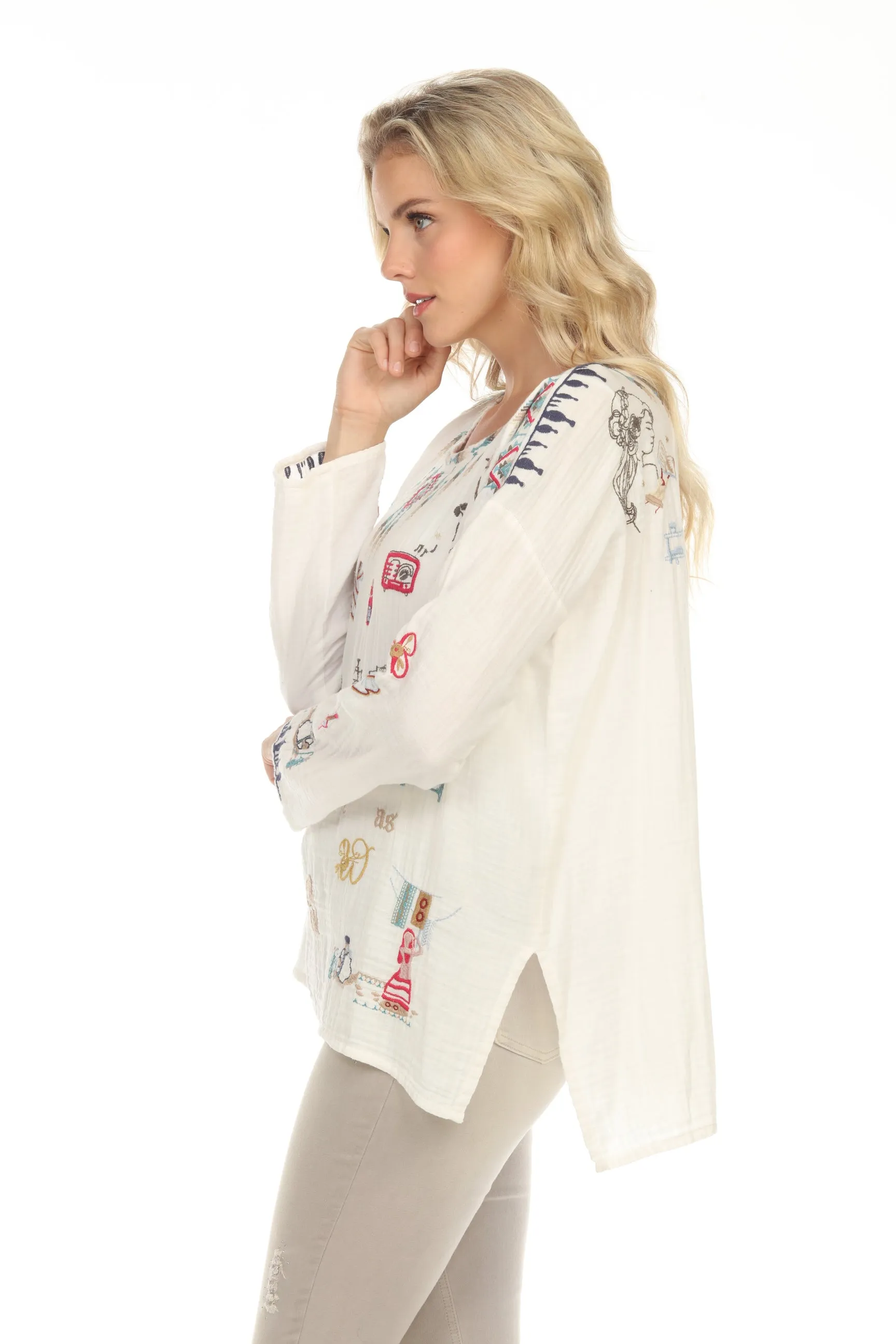 Johnny Was Biya Rondo Embroidered Long Sleeve Blouse Boho Chic B17822