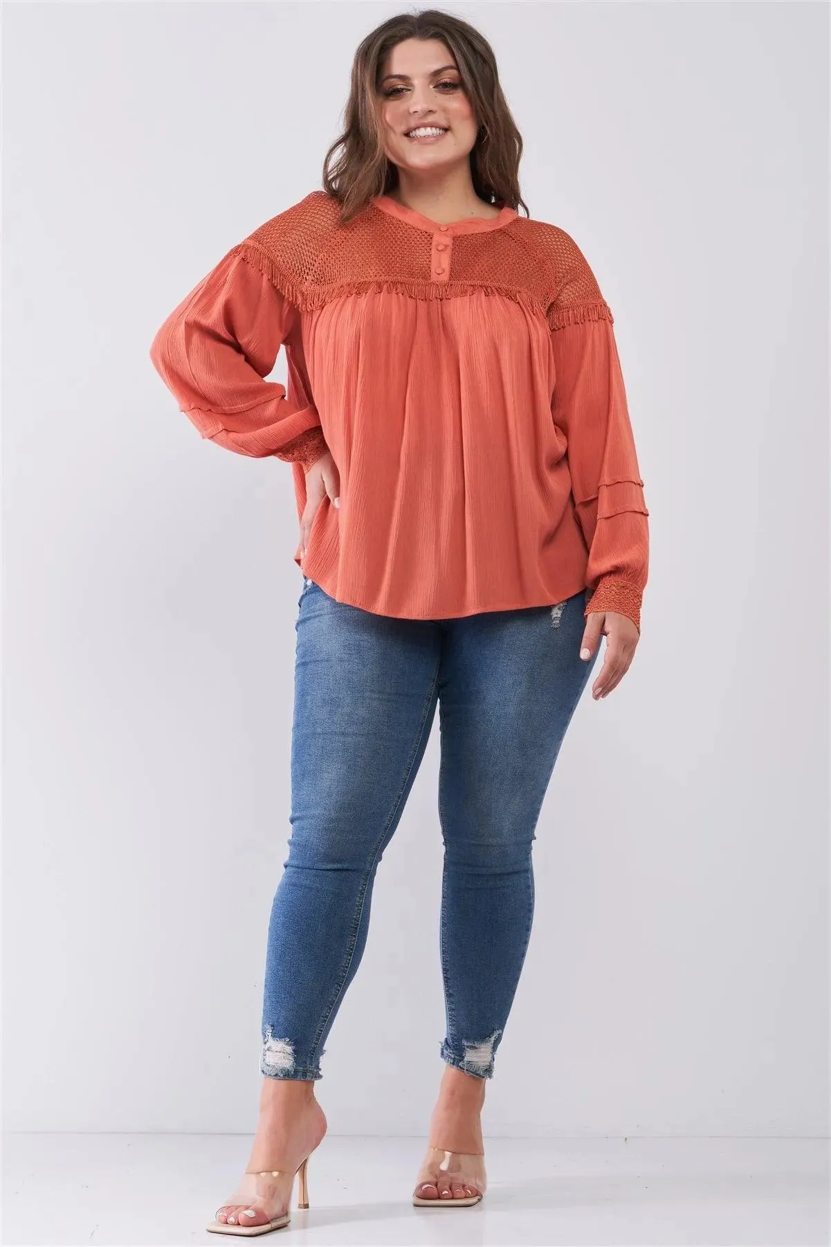 Junior Plus Size Mango Boho Sheer Net Mesh Balloon Sleeve Detail Relaxed Top /2-2-2