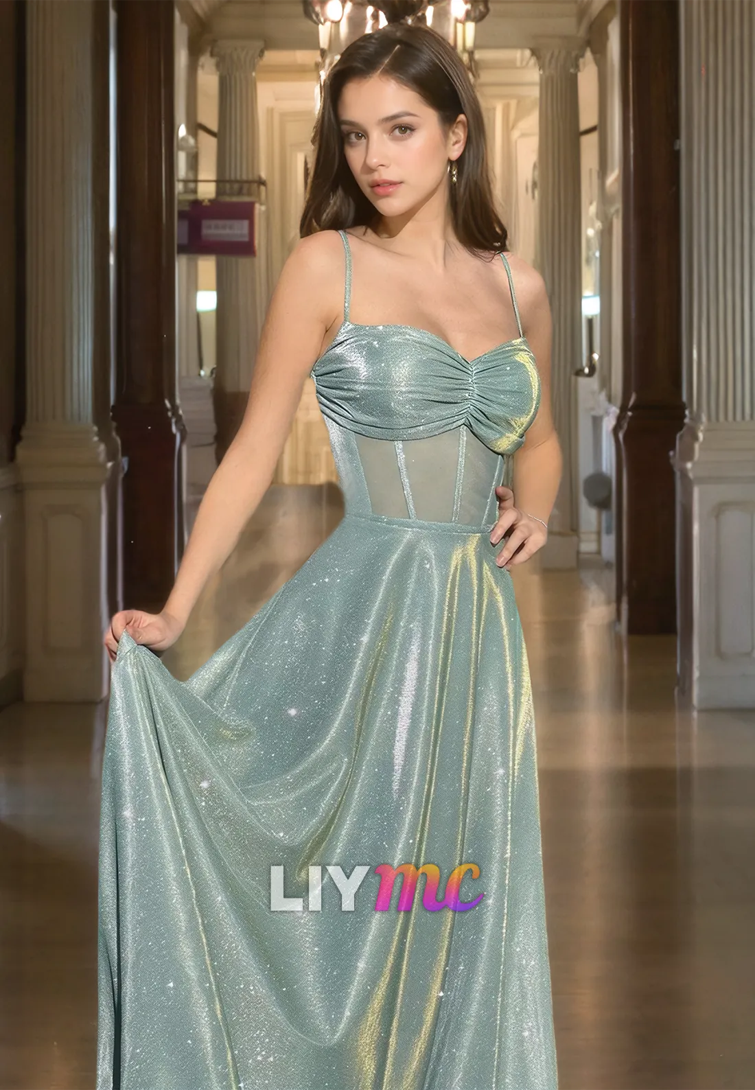 LP947 - A line Sweetheart Draped Sparkly Formal Prom Dress