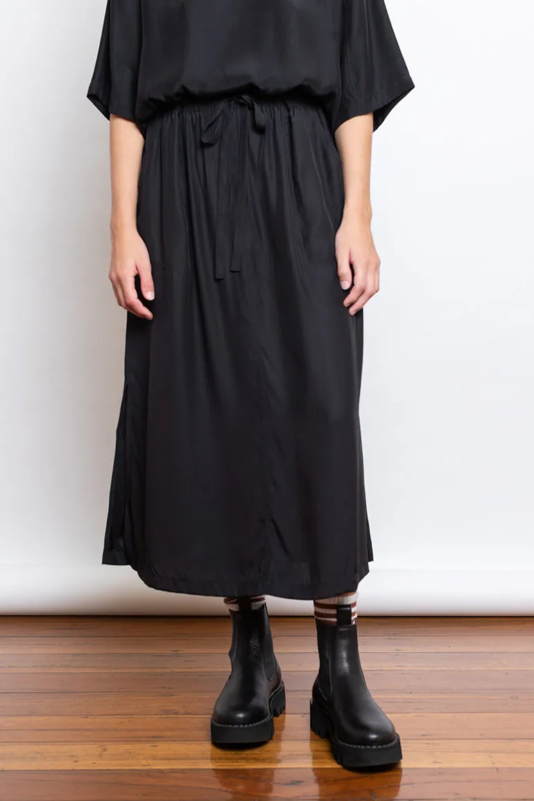 Organic Silk Drawstring Waist Skirt - Black