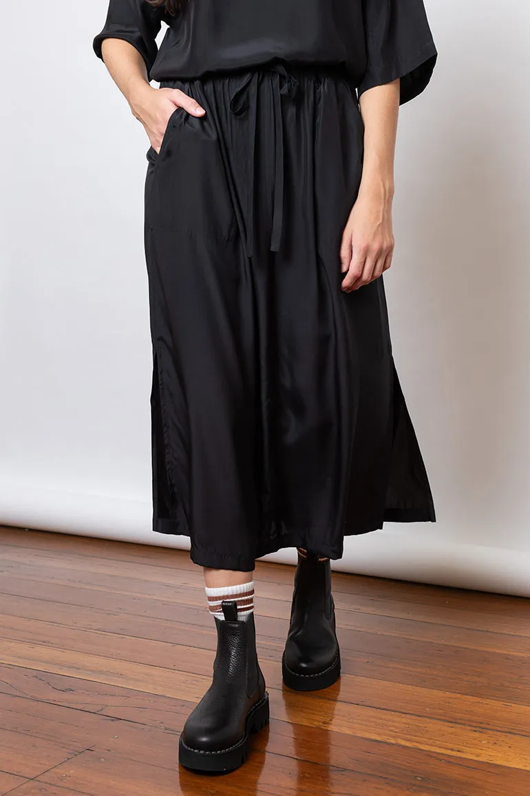 Organic Silk Drawstring Waist Skirt - Black