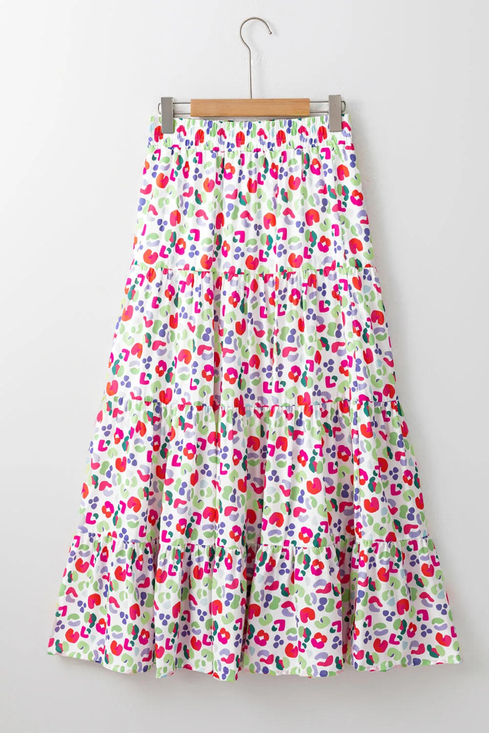 Pink Abstract Print Tiered Flowy Maxi Skirt