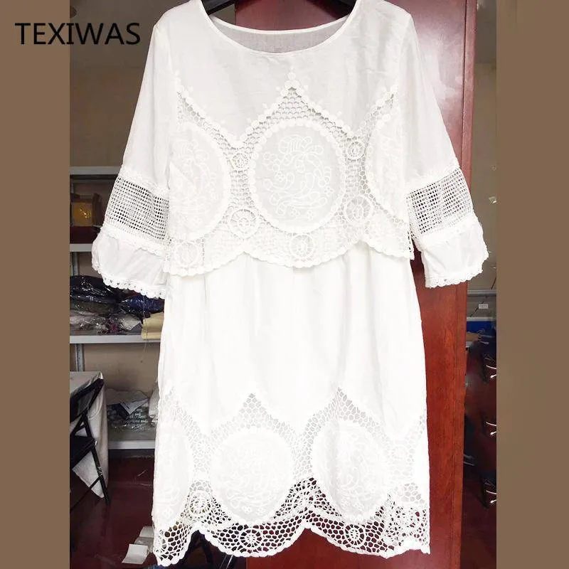Plus Size Loose White embroidery Lace Long Shirt / Mini Dress  (US 4-28w)