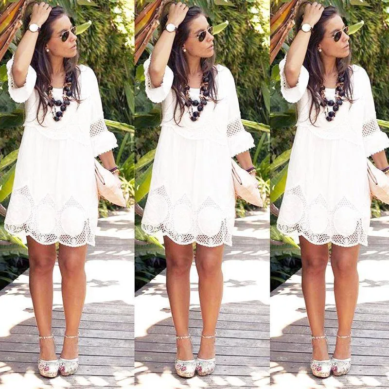 Plus Size Loose White embroidery Lace Long Shirt / Mini Dress  (US 4-28w)