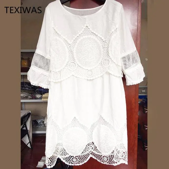 Plus Size Loose White embroidery Lace Long Shirt / Mini Dress  (US 4-28w)