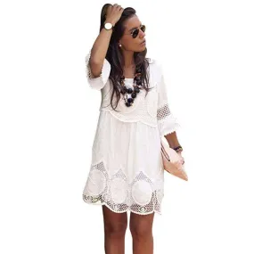 Plus Size Loose White embroidery Lace Long Shirt / Mini Dress  (US 4-28w)