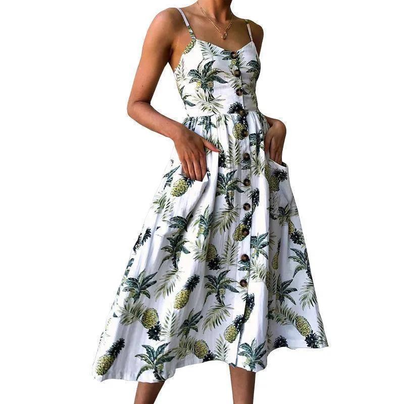 Plus Size  Strap Print Floral Dot Long Boho Bohemian Beach Dress (US 10-18W)