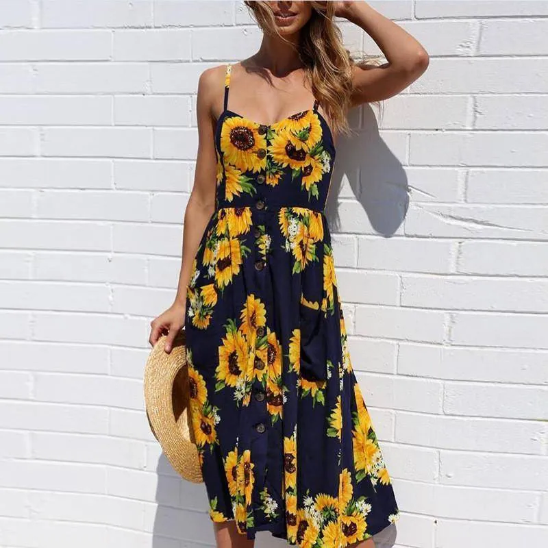 Plus Size  Strap Print Floral Dot Long Boho Bohemian Beach Dress (US 10-18W)