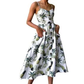 Plus Size  Strap Print Floral Dot Long Boho Bohemian Beach Dress (US 10-18W)