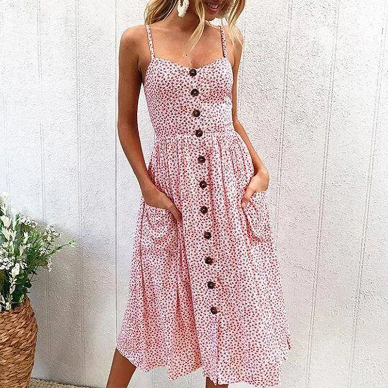 Plus Size  Strap Print Floral Dot Long Boho Bohemian Beach Dress (US 10-18W)