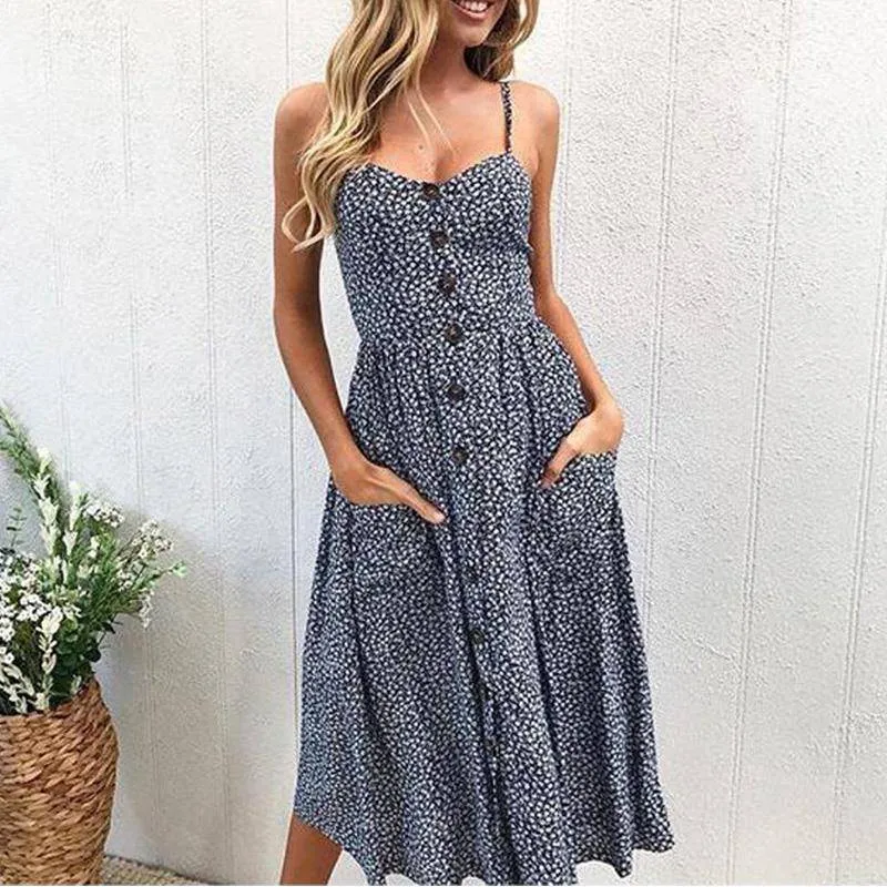 Plus Size  Strap Print Floral Dot Long Boho Bohemian Beach Dress (US 10-18W)