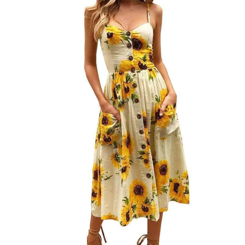 Plus Size  Strap Print Floral Dot Long Boho Bohemian Beach Dress (US 10-18W)