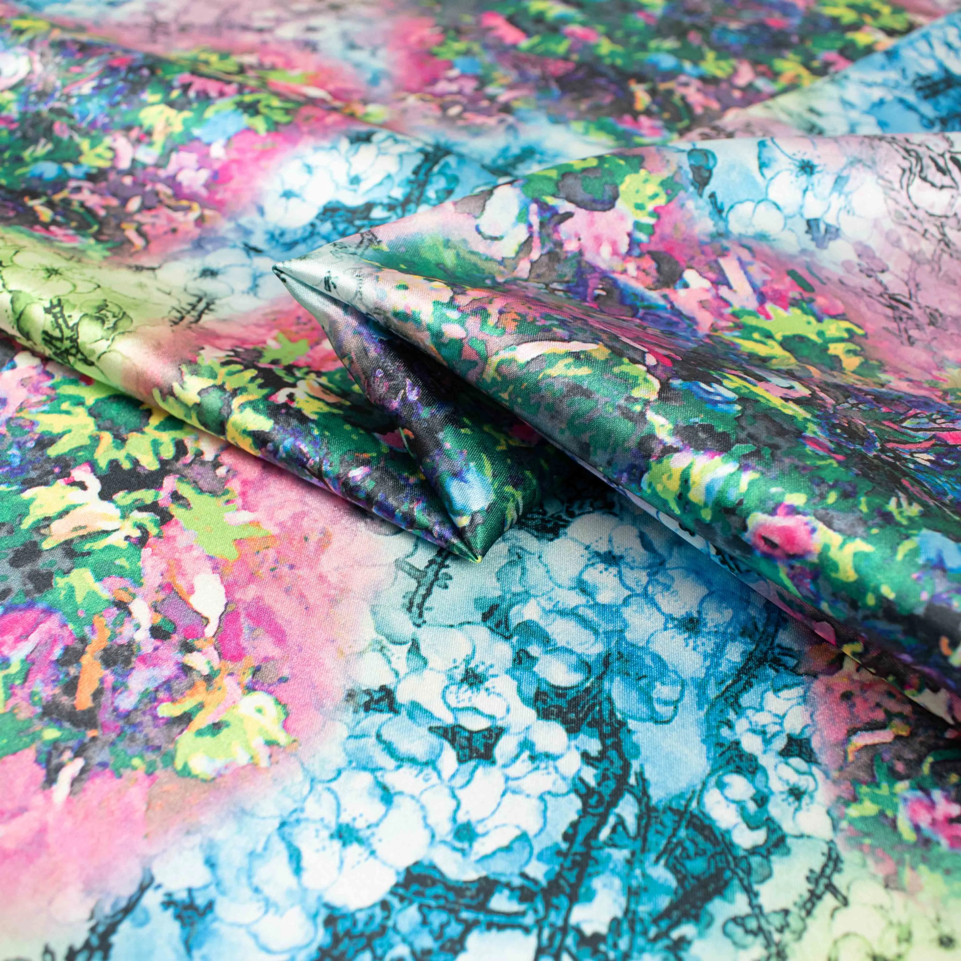 Printed Satin Design-62 Blue, Pink & Green Floral