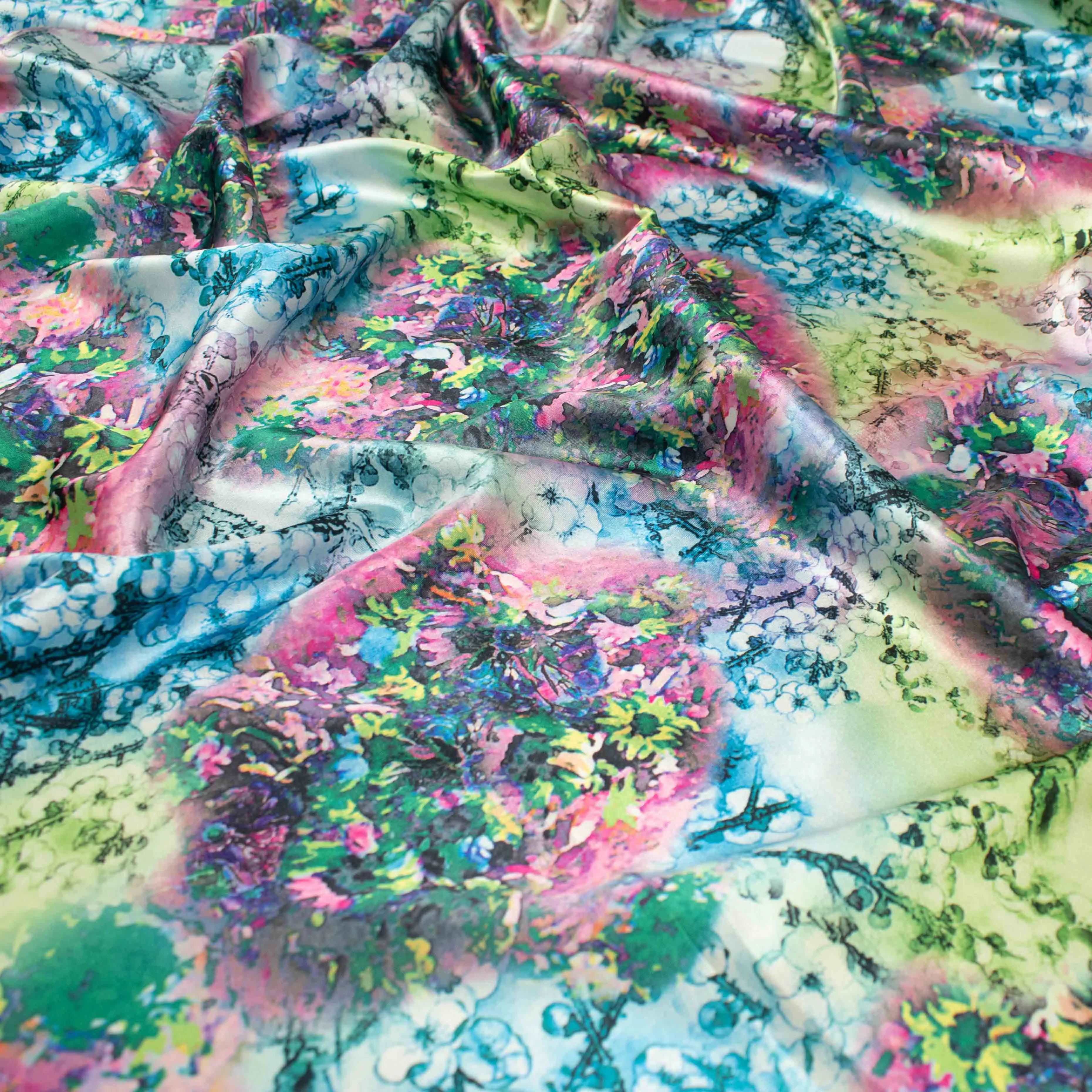 Printed Satin Design-62 Blue, Pink & Green Floral