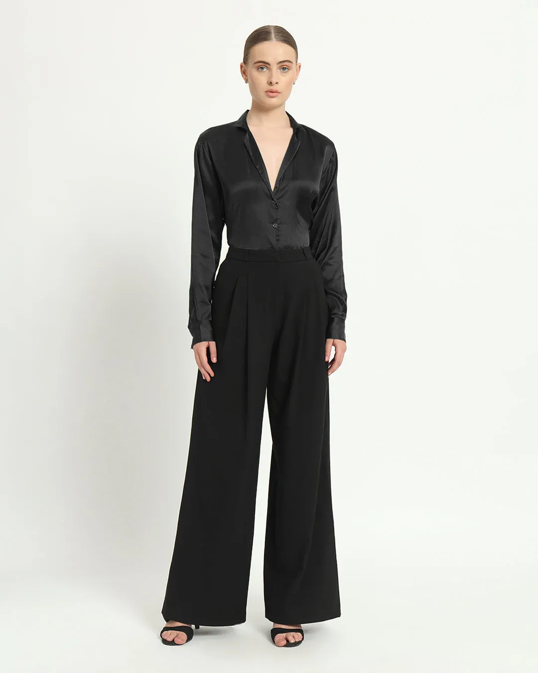 Satin Tailored Collar Black Shirt