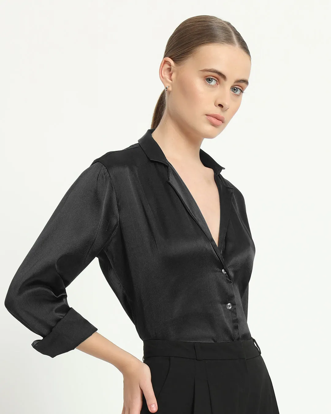 Satin Tailored Collar Black Shirt