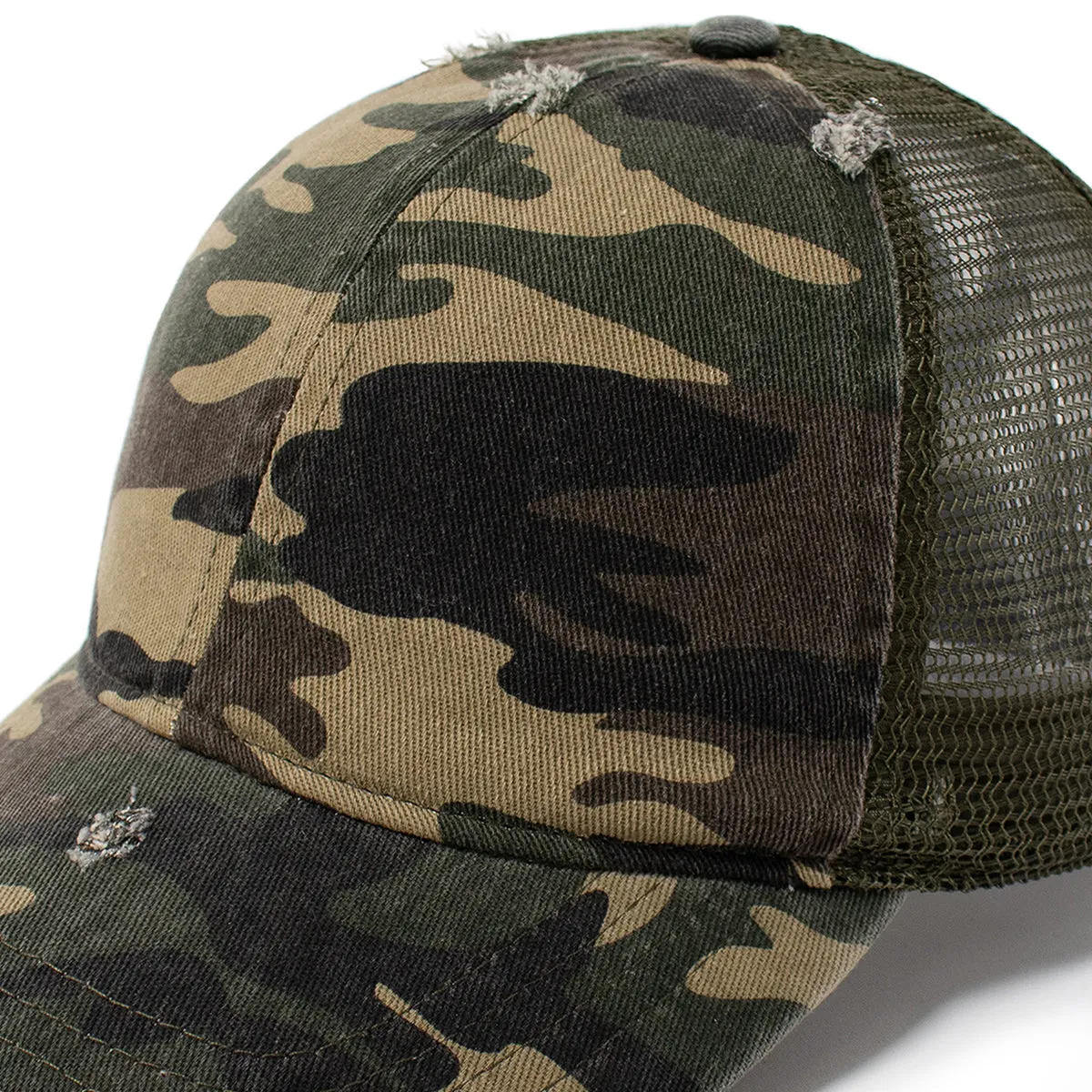 Stephanie Mesh Back Distressed Camo Ponytail Cap