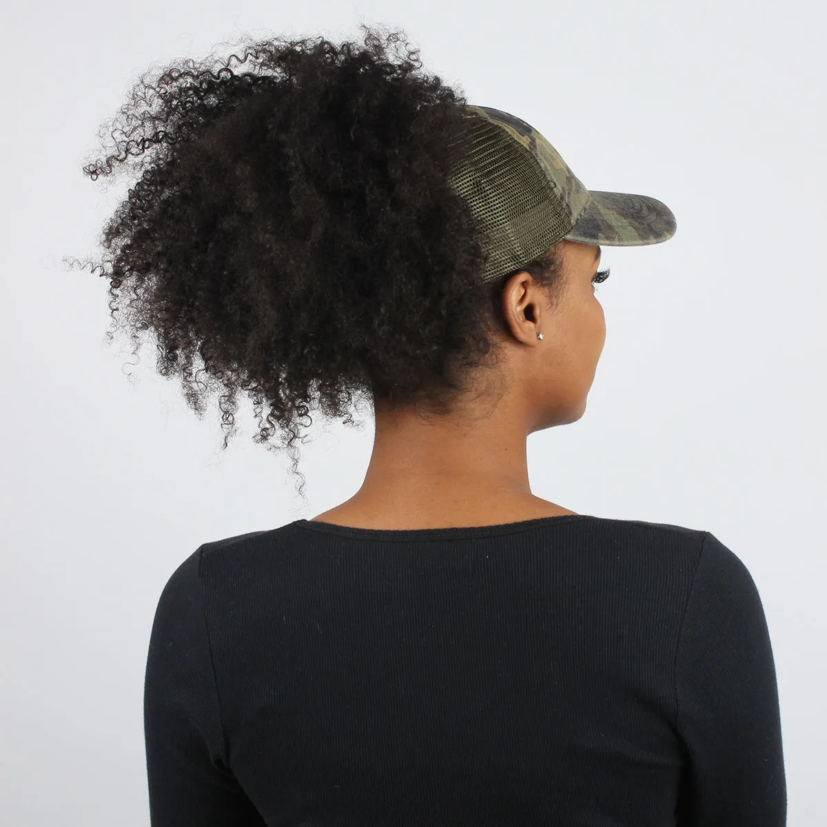 Stephanie Mesh Back Distressed Camo Ponytail Cap
