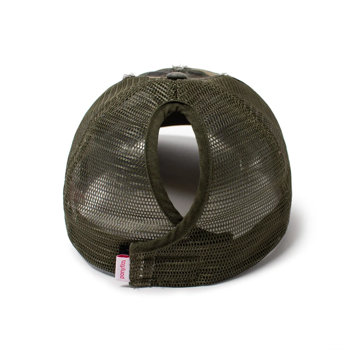Stephanie Mesh Back Distressed Camo Ponytail Cap
