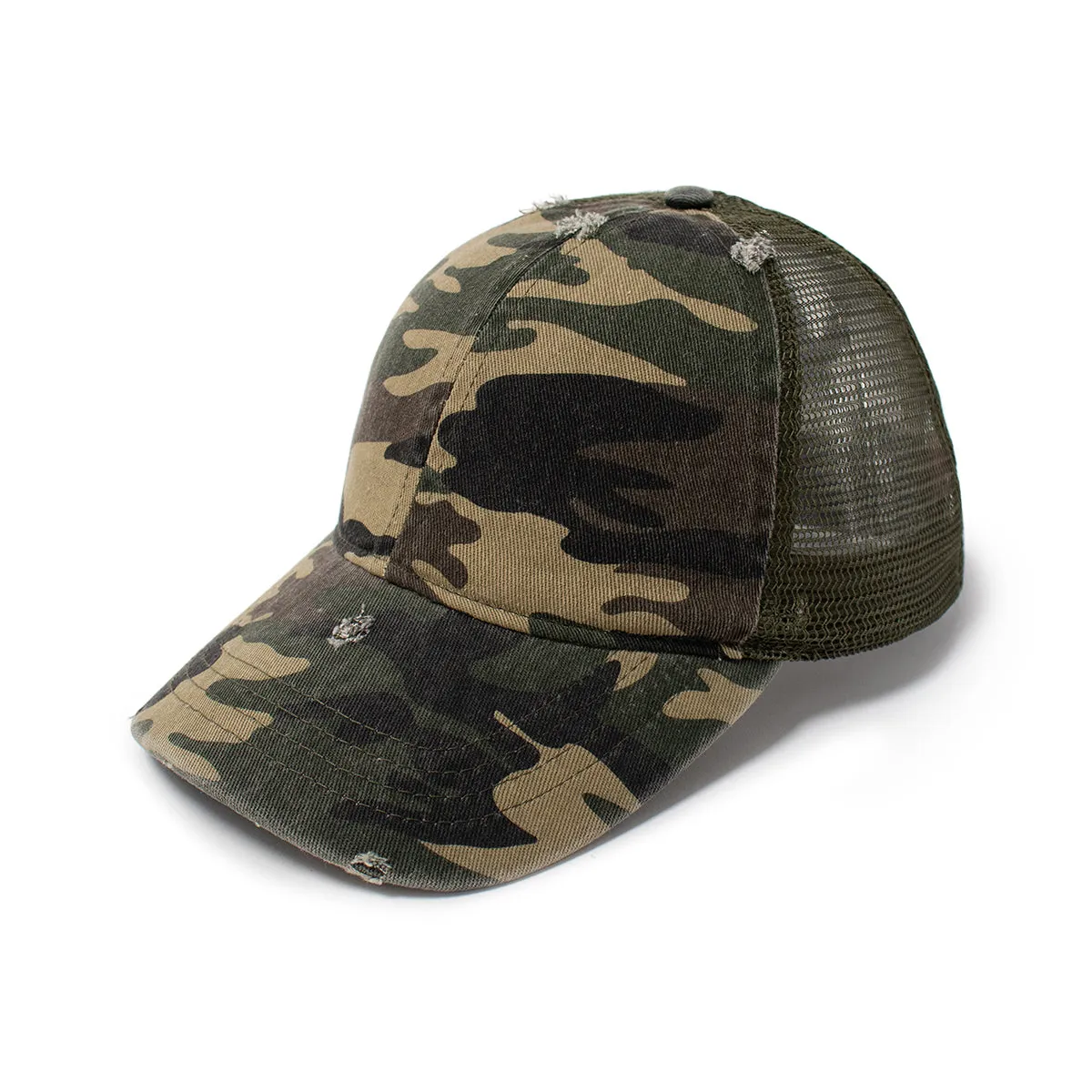 Stephanie Mesh Back Distressed Camo Ponytail Cap