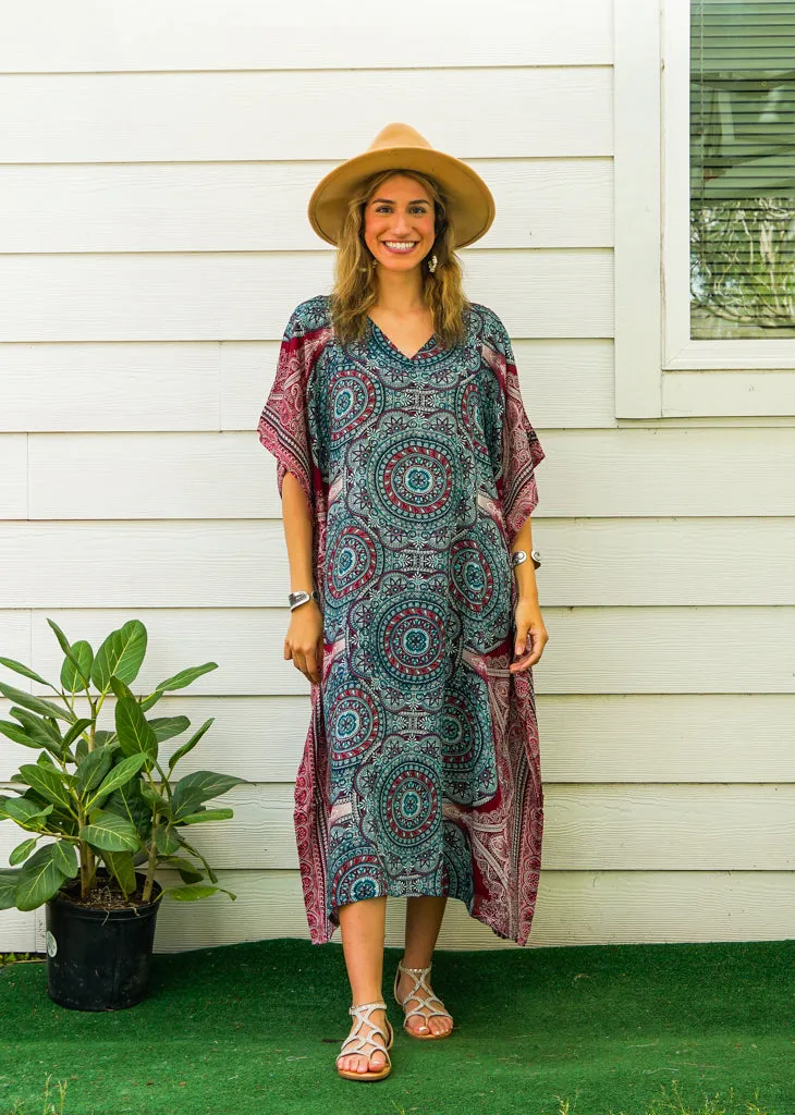 Teal Burgundy Mandala Kimono Kaftan Dress