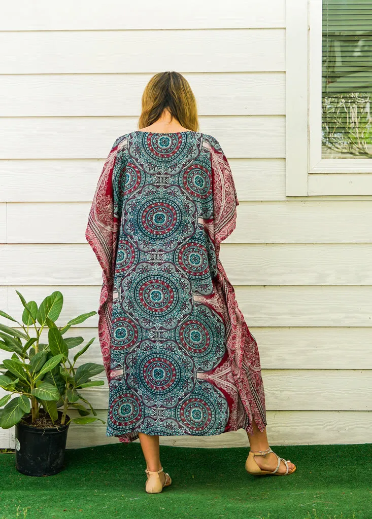 Teal Burgundy Mandala Kimono Kaftan Dress