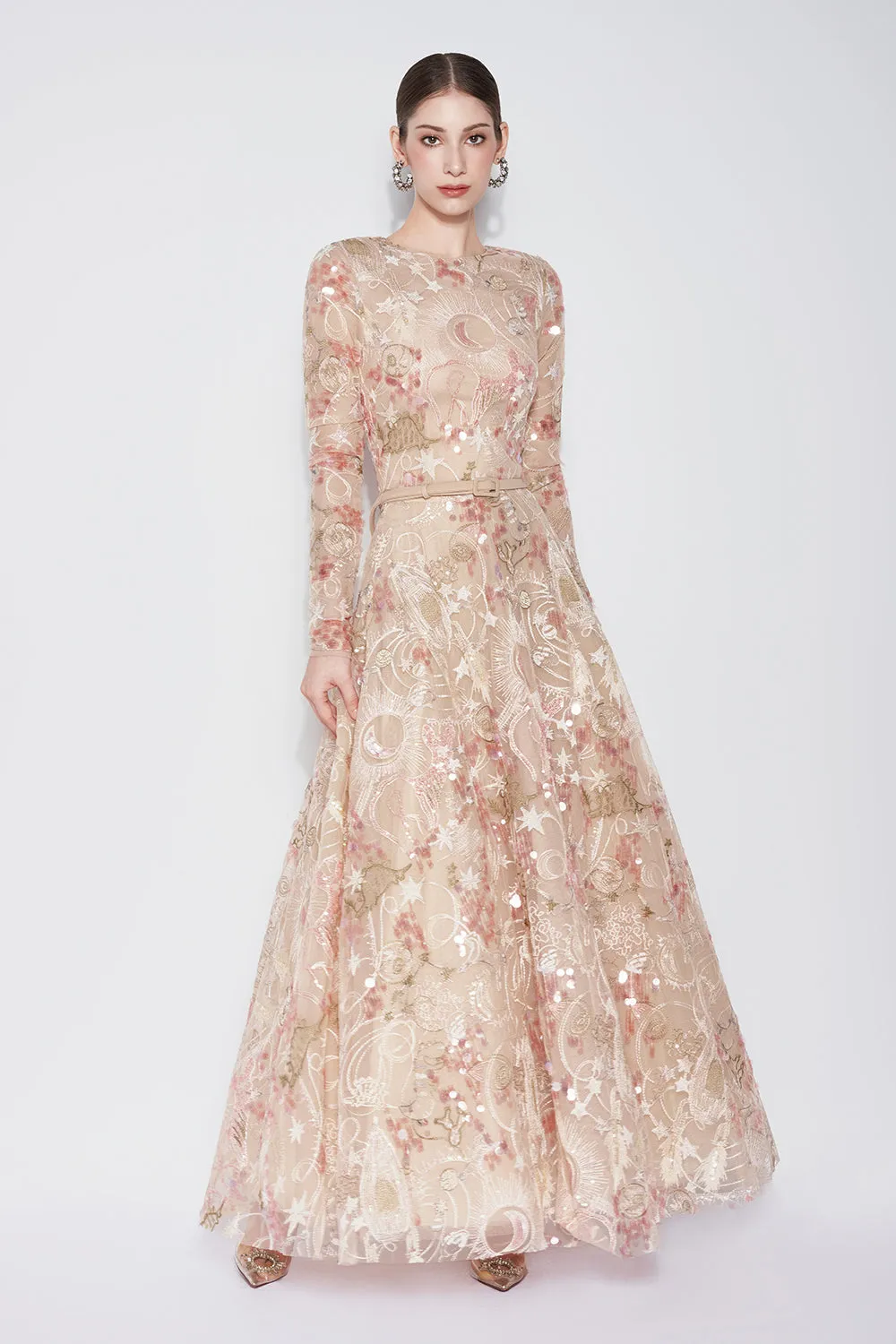 Tidal Whisper A-line Jewel Neck Embroidered Lace Maxi Dress