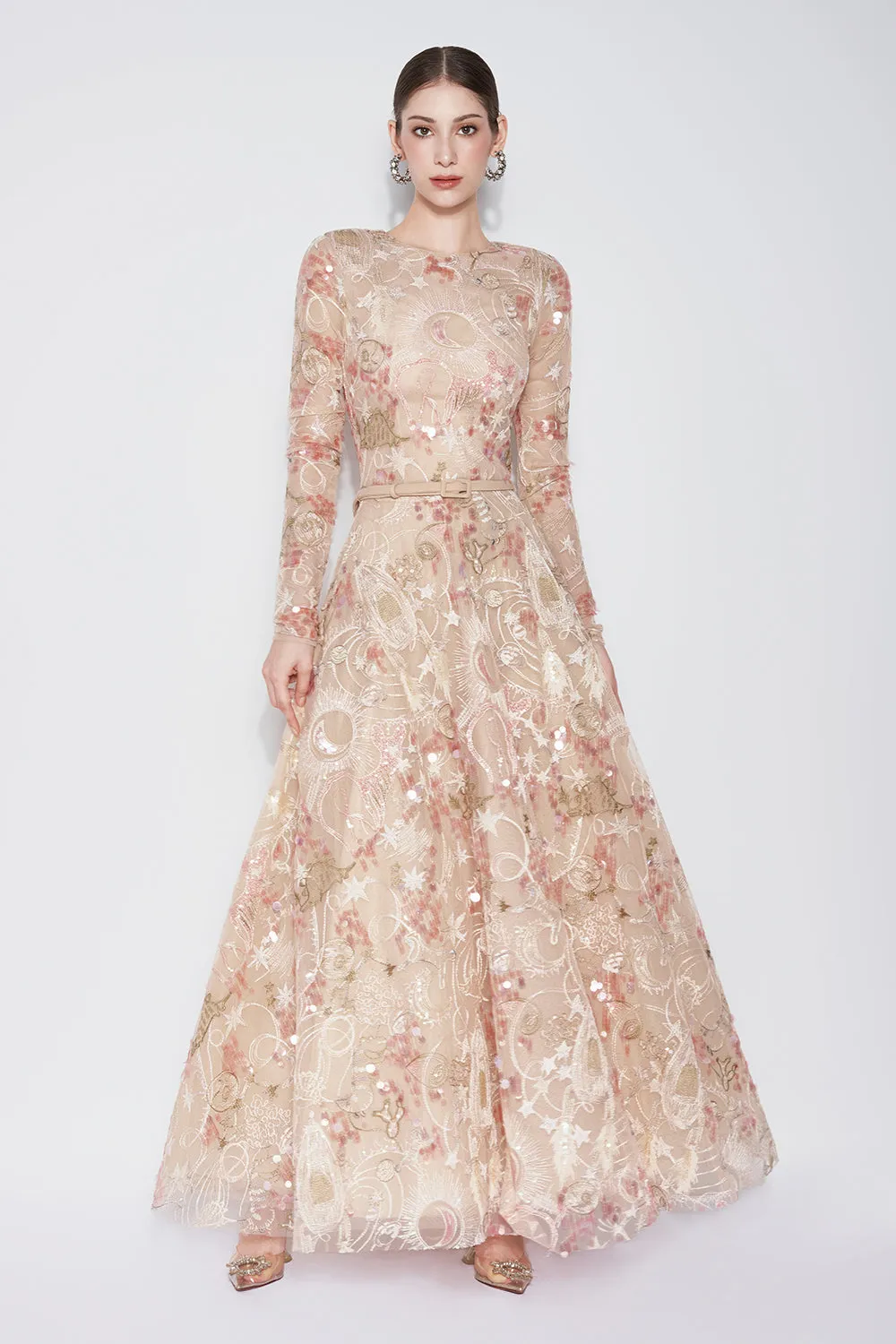 Tidal Whisper A-line Jewel Neck Embroidered Lace Maxi Dress