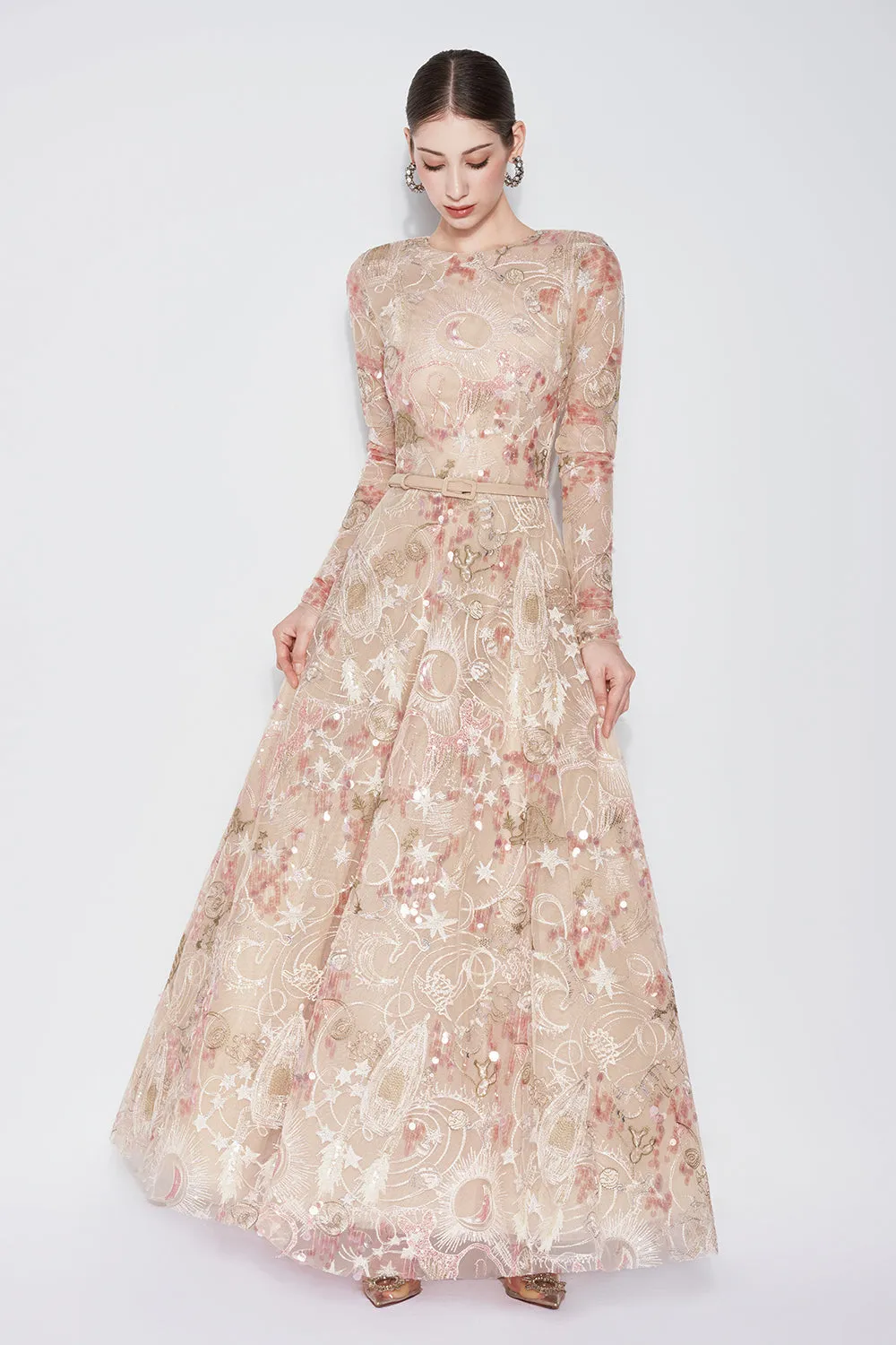 Tidal Whisper A-line Jewel Neck Embroidered Lace Maxi Dress